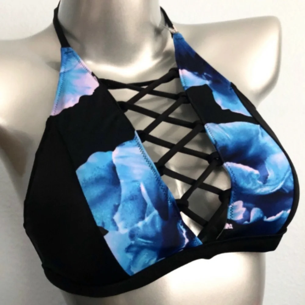 PINK Victorias Secret Nwt Black Floral Lace Up High Neck Strappy Bikini Top S